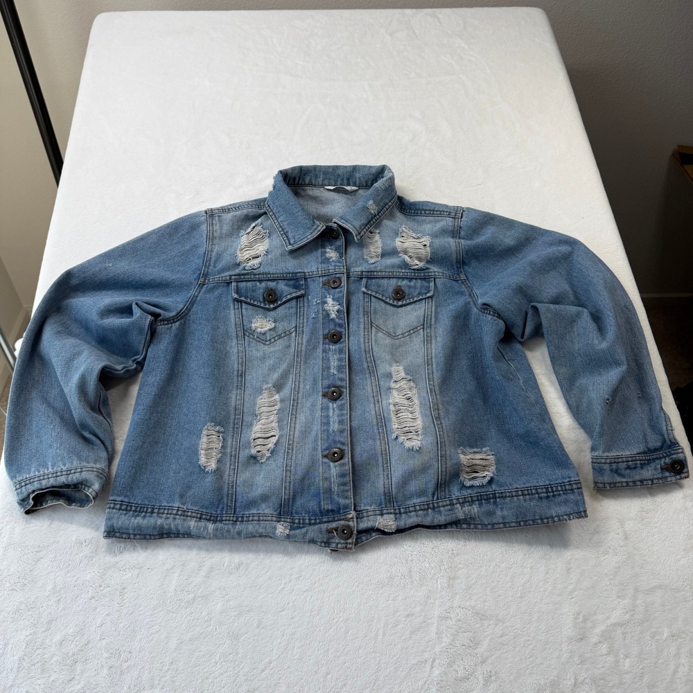 Highway Jeans Denim Jacket Womens 1X Blue Good Distressed Trucker ZD7990H7MJX